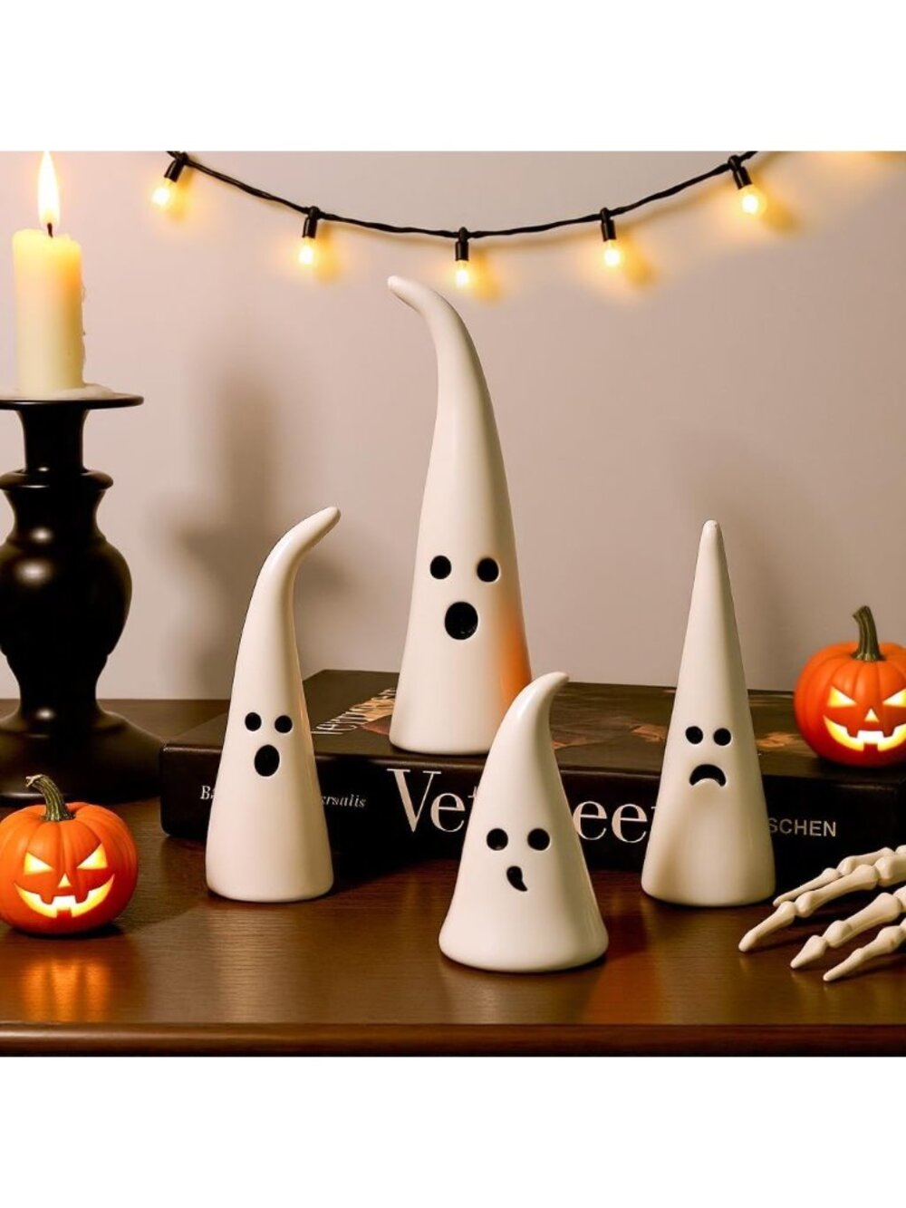 4pc Ceramic Ghost Figurine with Witch Hat Halloween Farmhouse Tiered Tray Decor - Picture 1 of 6